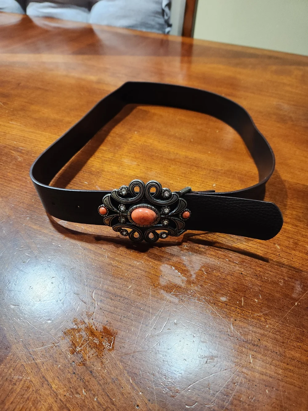 Vintage Leather Women's Belt with Coral Accent Buckle - Black Size 12